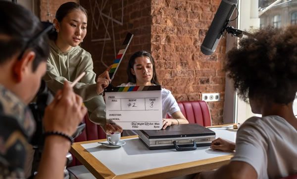 A person sits at a table as an actor while film crew surround them.