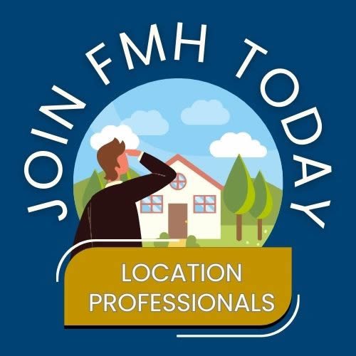 Text: Location Professionals, Join FMH today. Image of a cartoon man looking into the distance towards a home